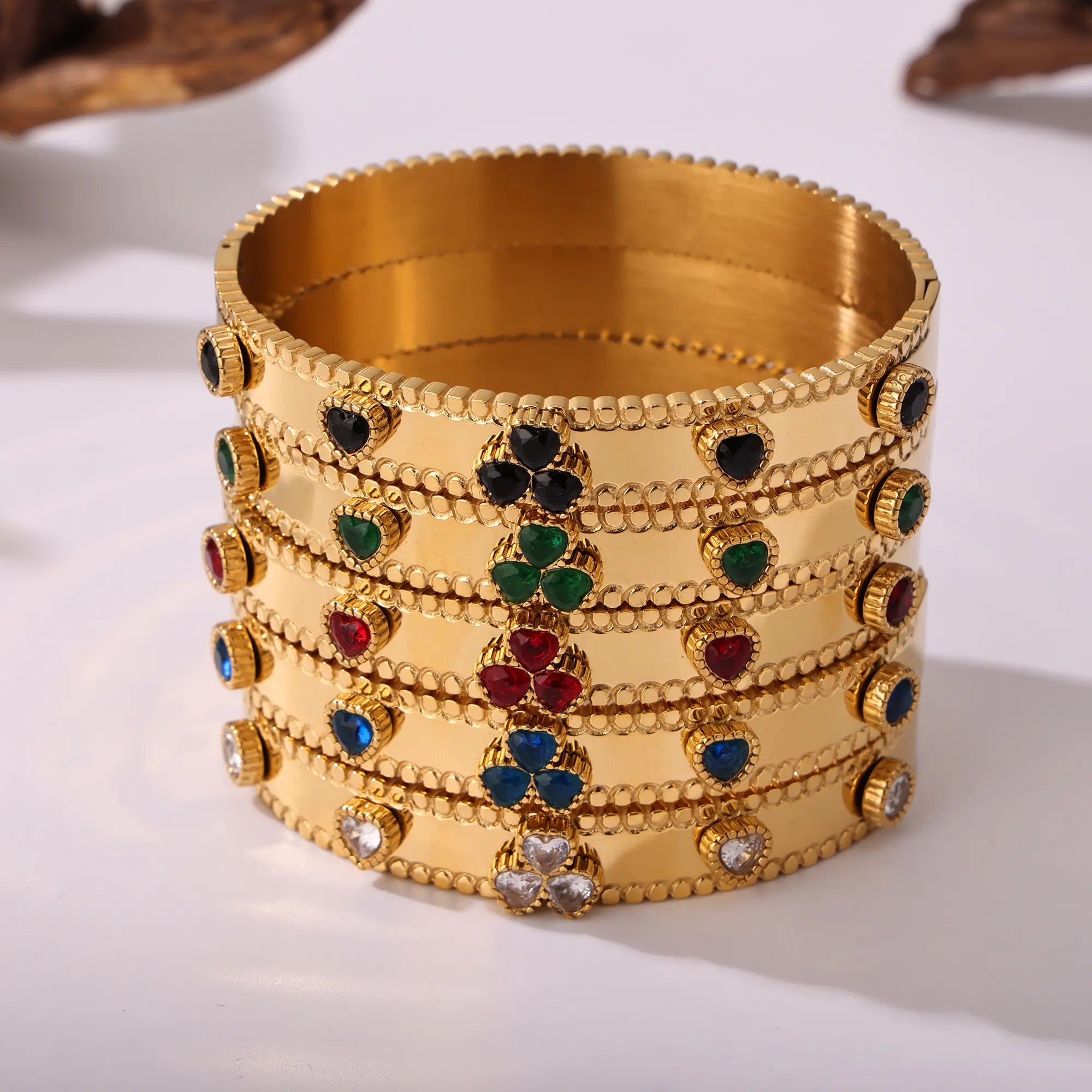 18K Gold Plated Clover Gemstone Hinged Bangle Bracelet