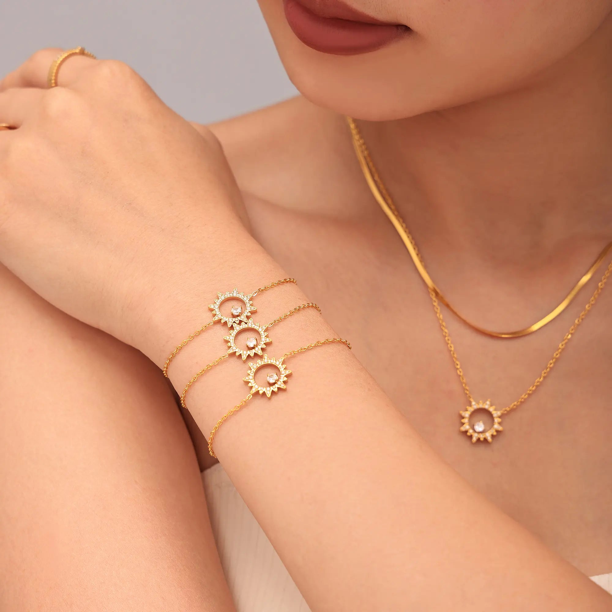 Sparkling Sunburst CZ Pendant Necklace & Bracelet Jewelry Set