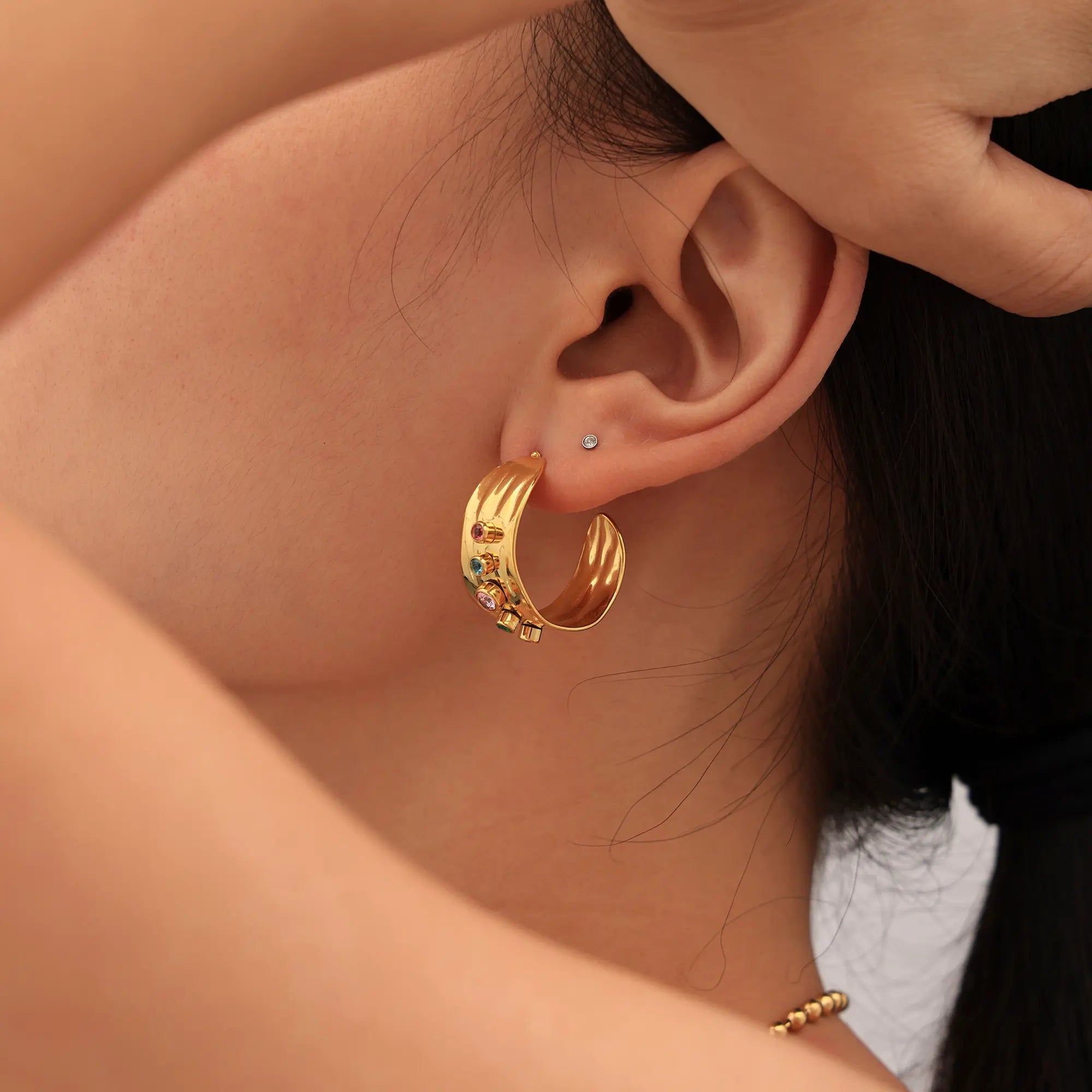 Textured Gemstone Hoop Earrings & Adjustable Ring