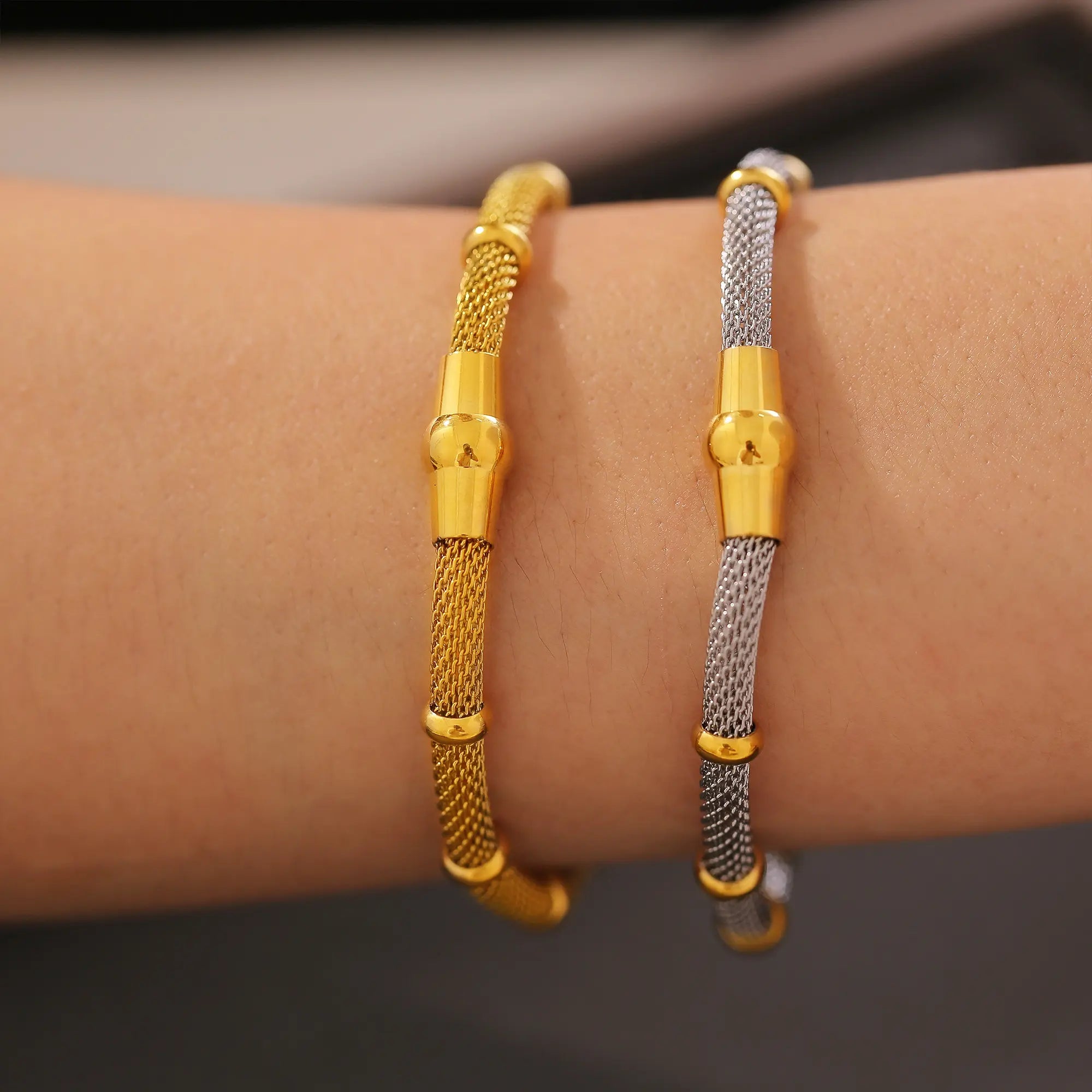 18K Gold Bamboo Mesh Chain Bracelet