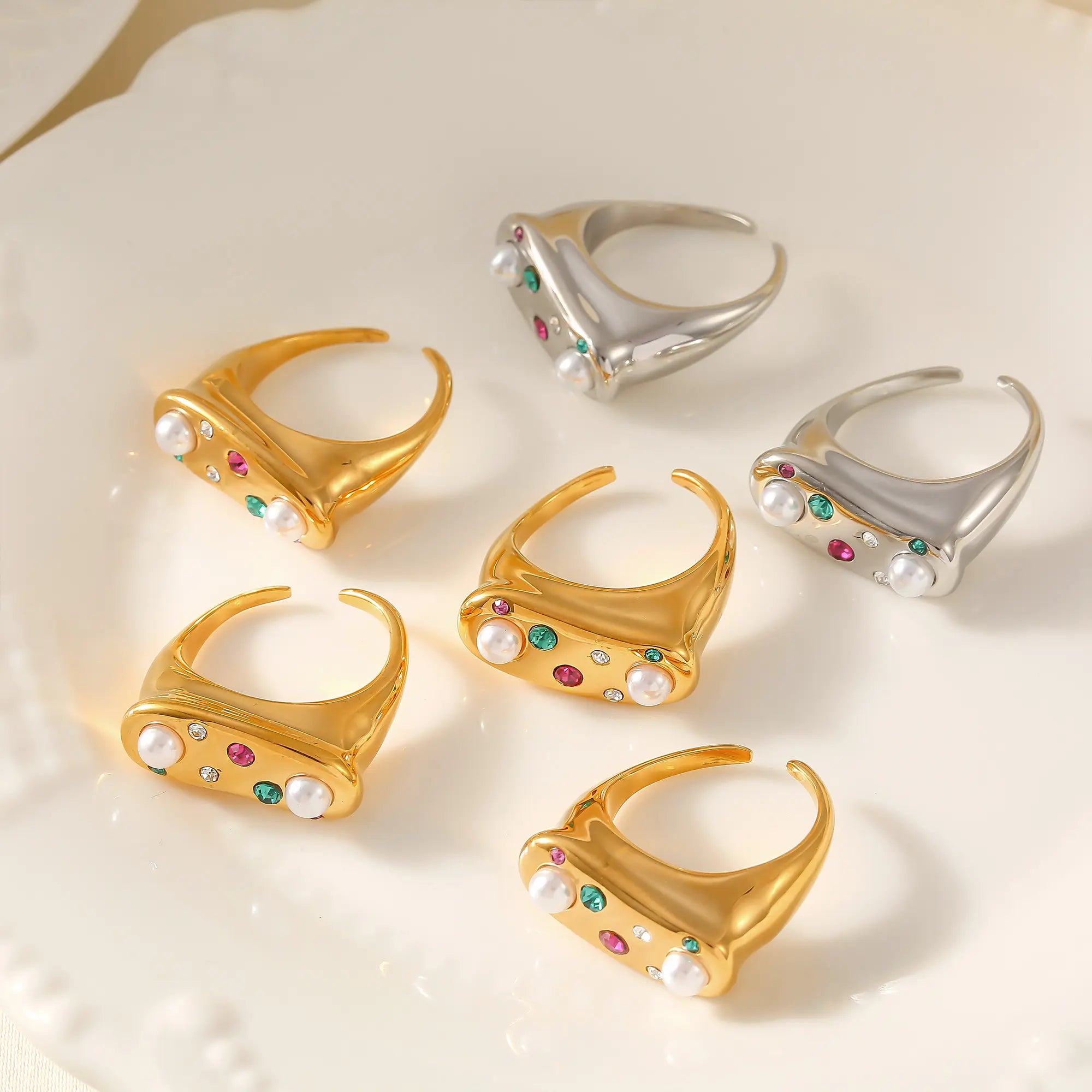 Vintage Colorful Crystal Pearl Open Ring