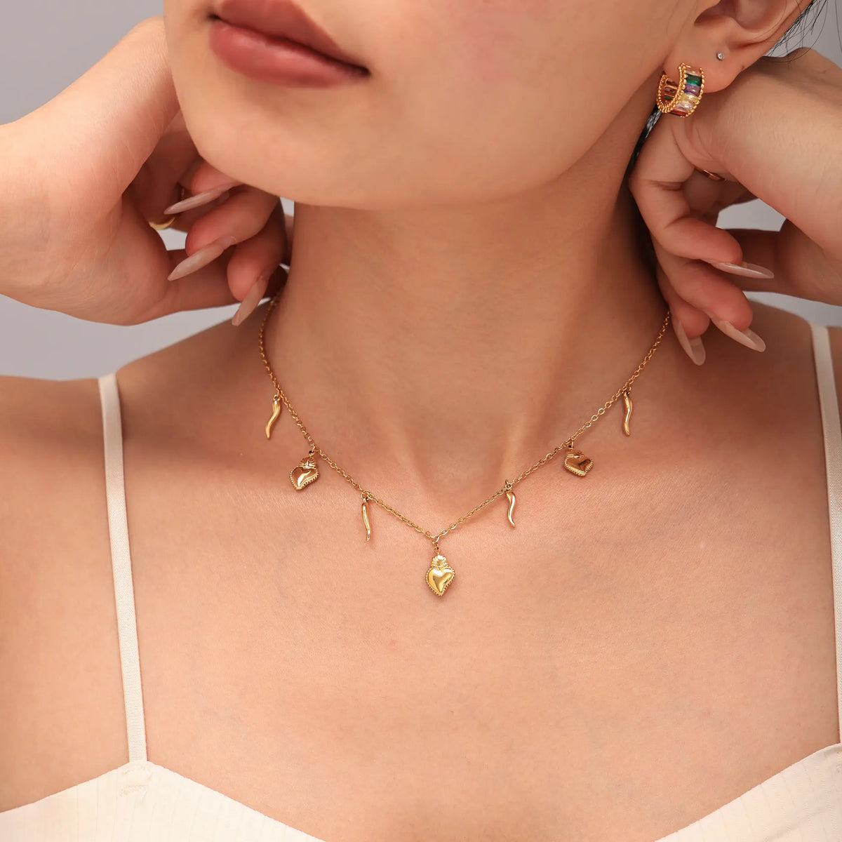Sacred Heart & Italian Horn Charm Layered Necklace & Bracelet Set