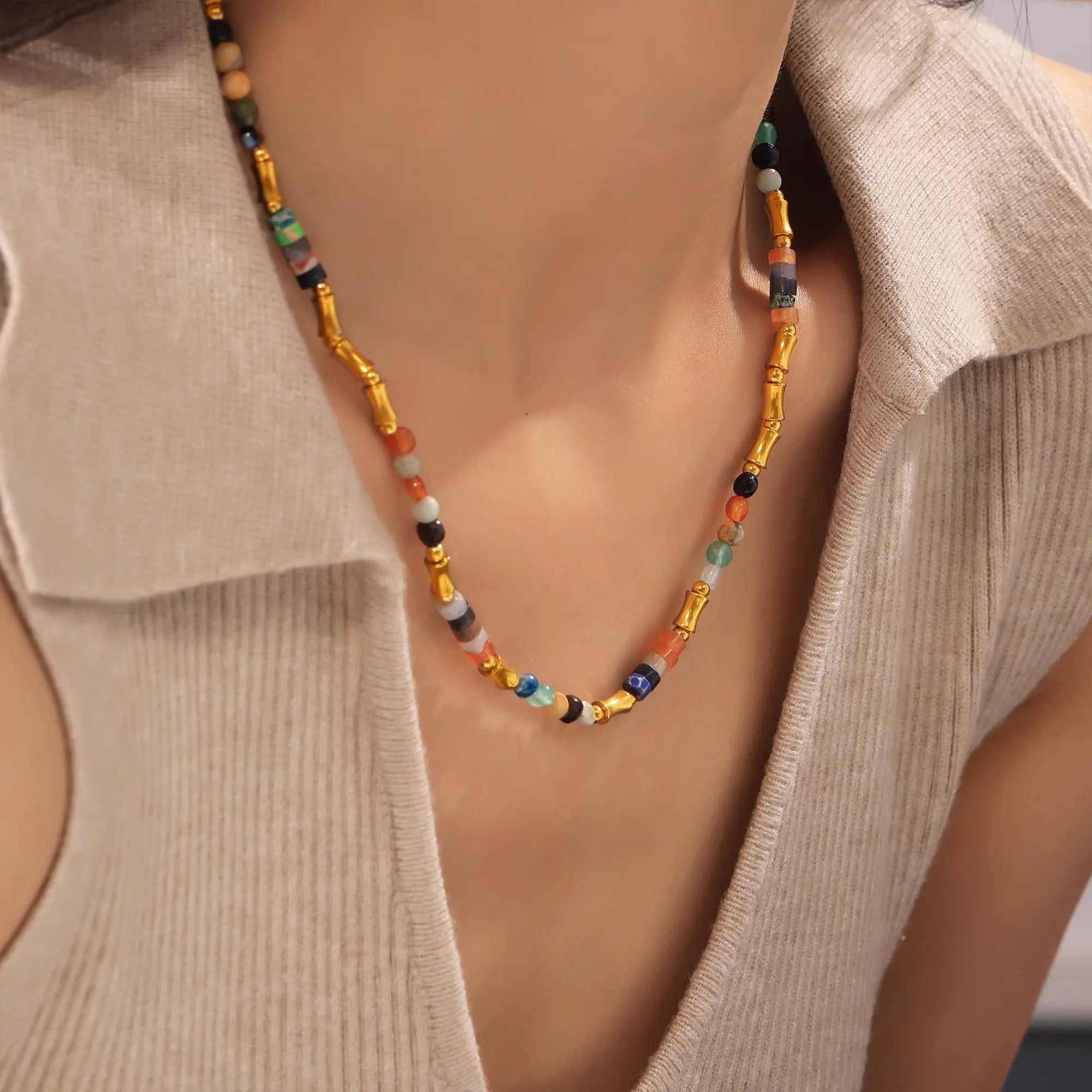 Boho Colorful Natural Stone Beaded Choker Necklace