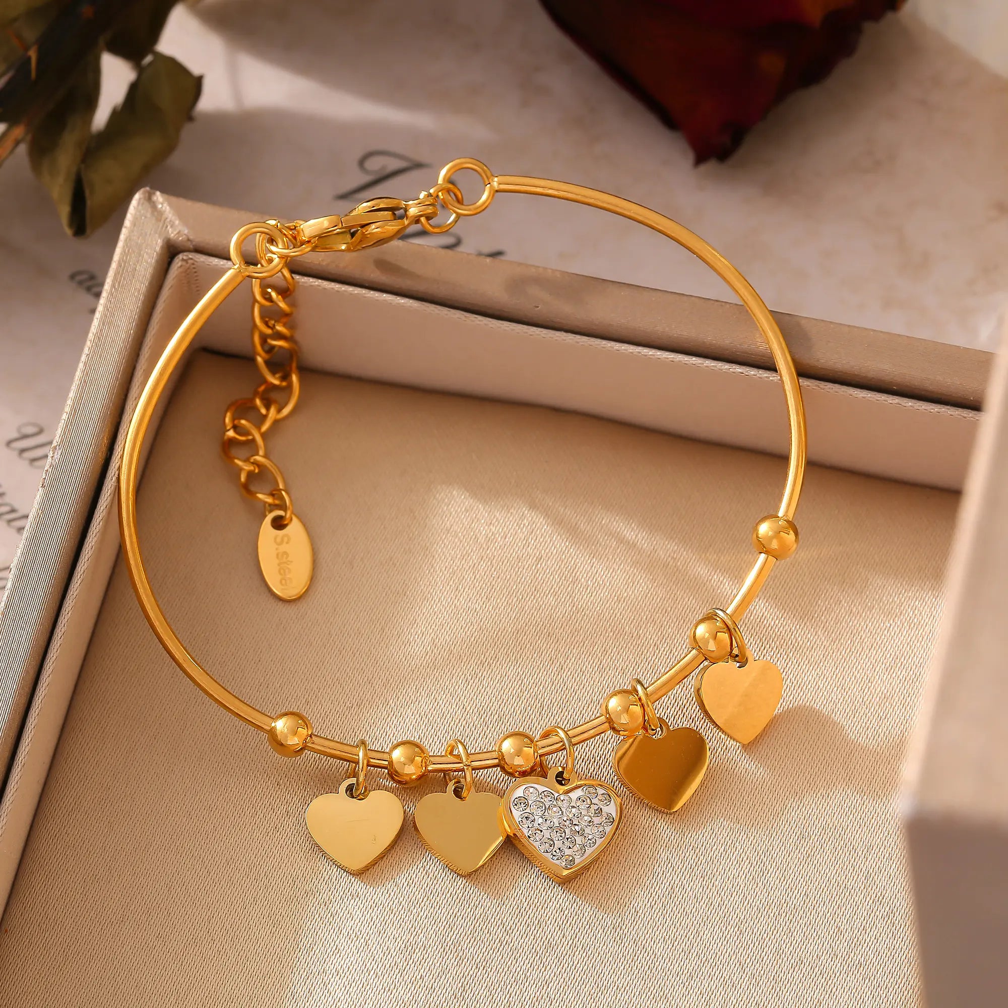 Pave Crystal Heart Charm Bangle Bracelet