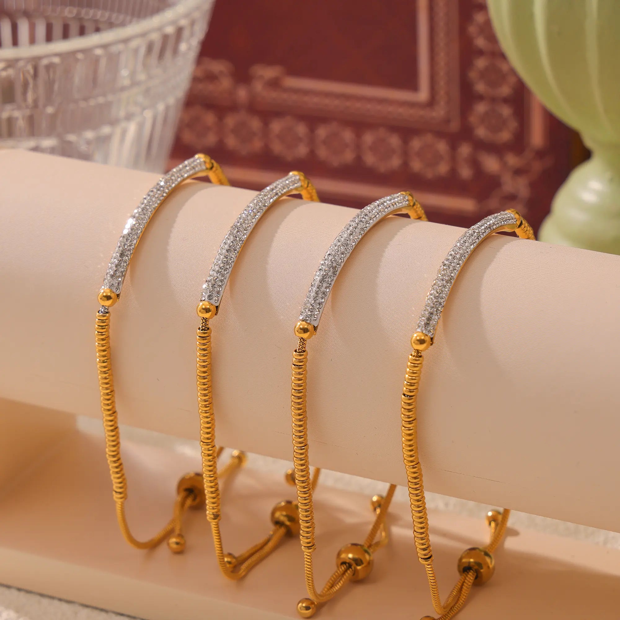 18K Gold Plated Curved Pave CZ Bar Snake Chain Slider Bracelet